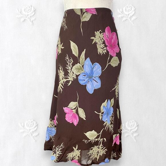 Deadstock JM Collection NWT Early 2000's Ruffle Brown Mesh Floral Midi Skirt 16W - Picture 1 of 6